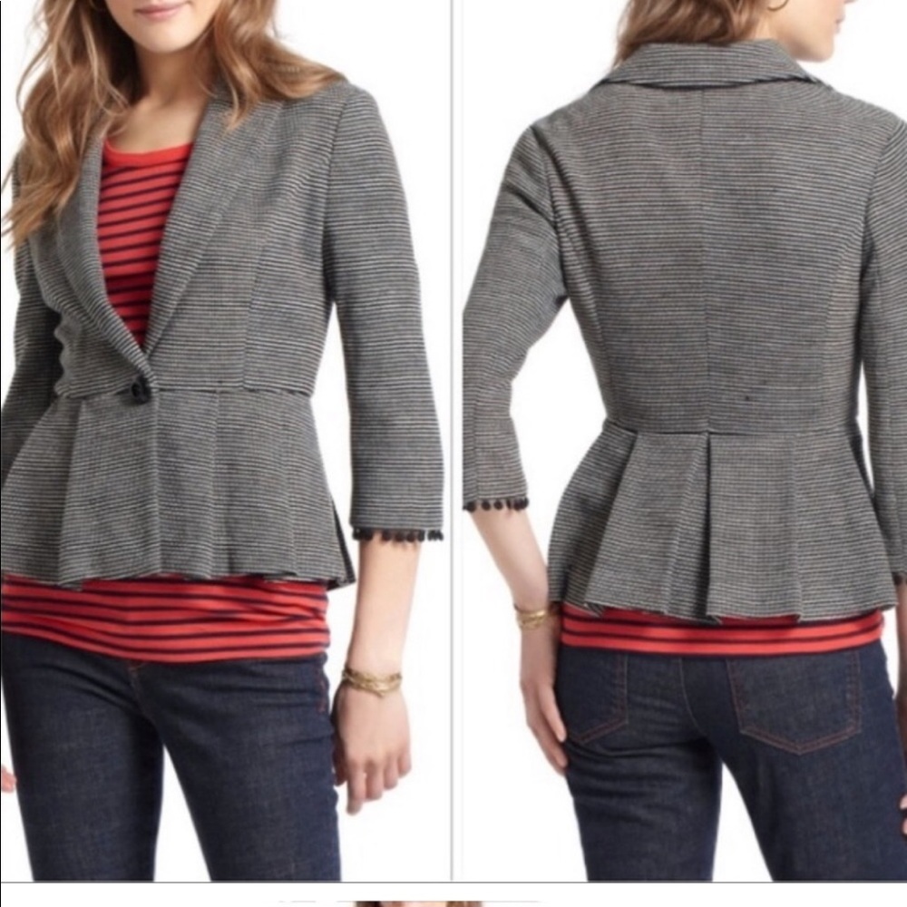 MINT Tabitha stretch peplum blazer, black & white stripes, 3/4 sleeve, size L.